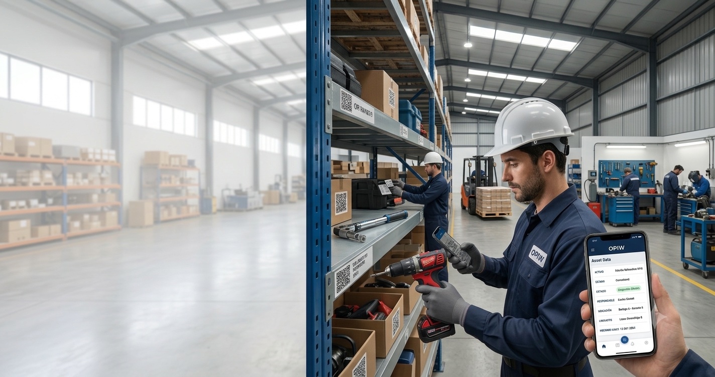 Bodega industrial con estantería etiquetada por QR: técnicos escaneando activos con OPIW