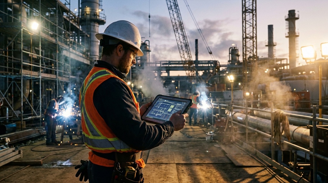 Técnico de campo usando OPIW Mobile en una planta industrial